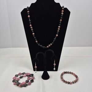 Sterling Silver Rhodonite Black Onyx Necklace Bracelets Earrings Signed Set 4 pc
